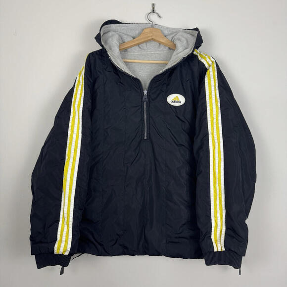 90s Adidas VTG Reversible Jacket Yellow Stripes Half Zip Pockets Insulated Sz L - Picture 1 of 10